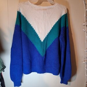 Chevron Knit Crew Neck Sweater - Blue, Teal, and White